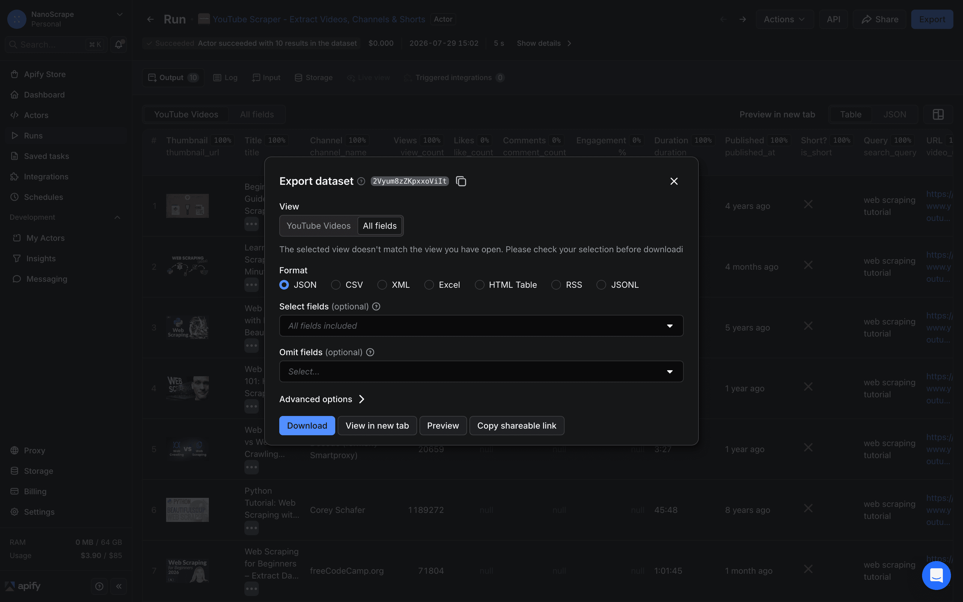 Apify dataset page with the Export button expanded showing JSON, CSV, XML, Excel, HTML, and RSS format options